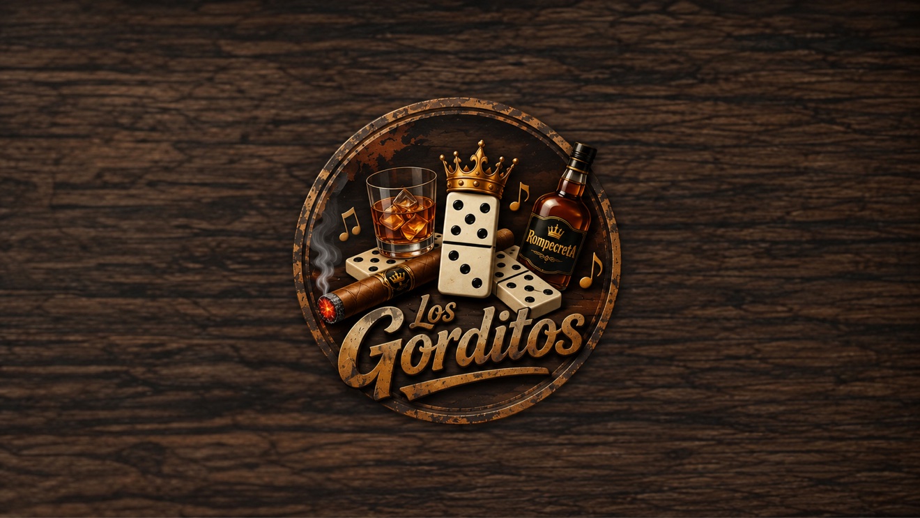 Logo Los Gorditos con dominó, whisky y cigarro sobre madera