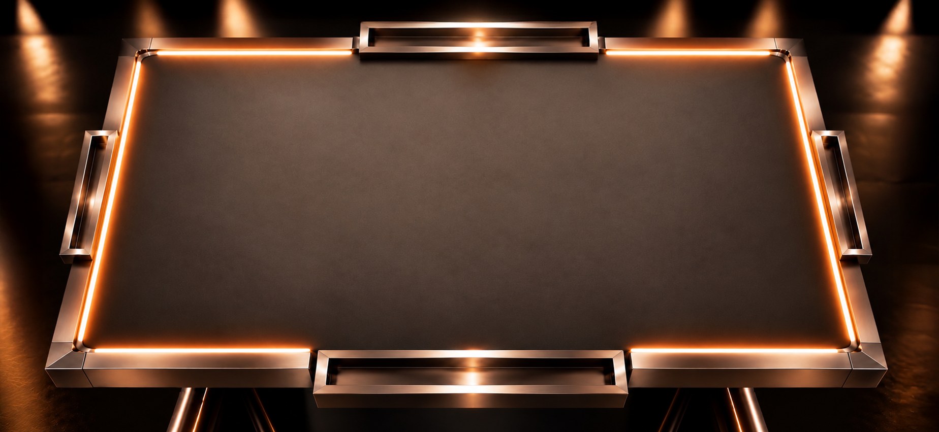 Mesa de dominó metálica bronce con tiras de luz naranja, superficie oscura y cuatro bandejas para las fichas