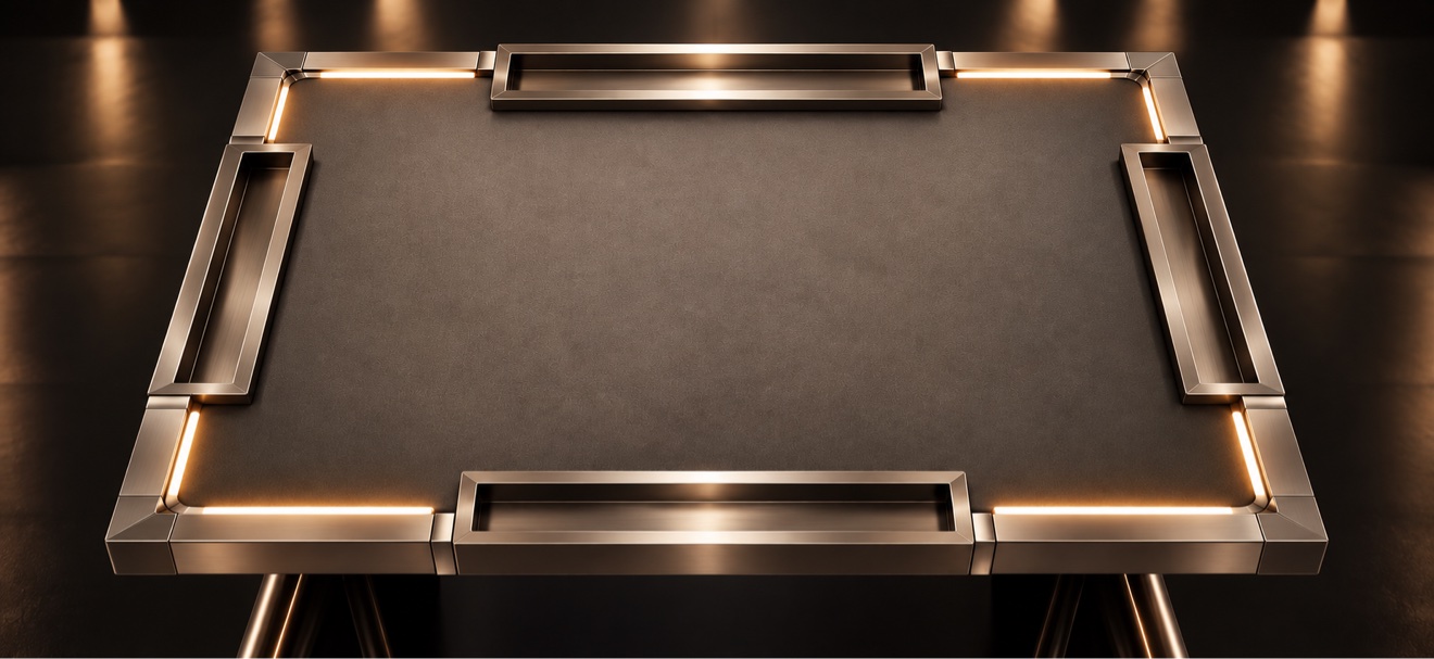 Mesa moderna de superficie gris oscuro mate, marco metálico plateado y luces LED cálidas